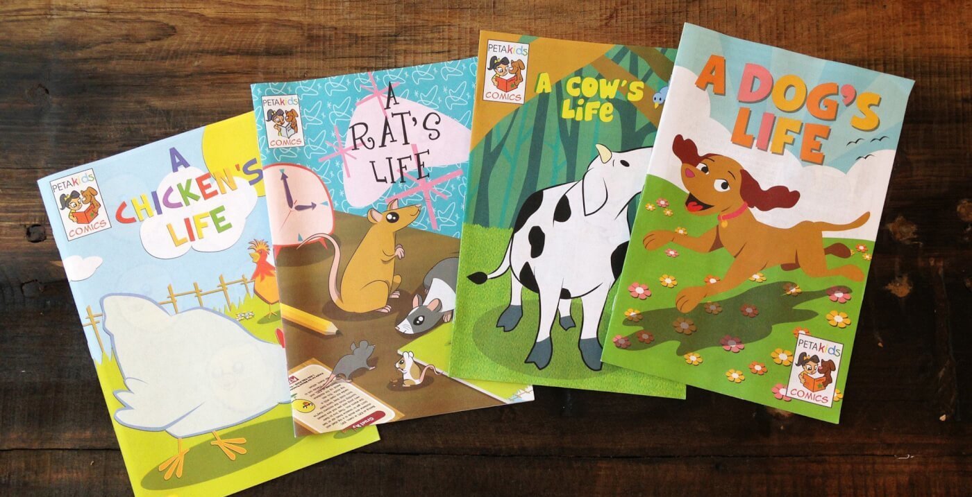 Four PETA Kids comic books about chickens, rats, cows, and dogs