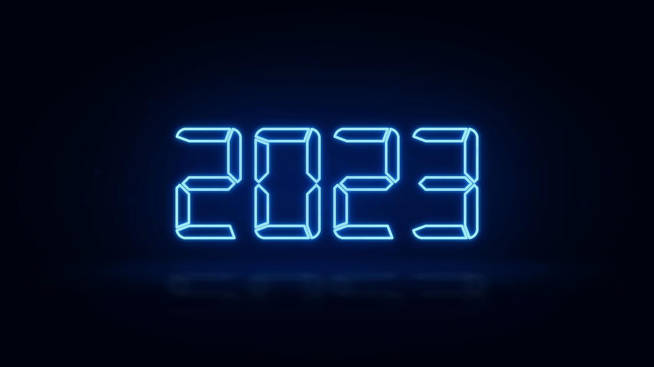 digital clock readout shows 2023