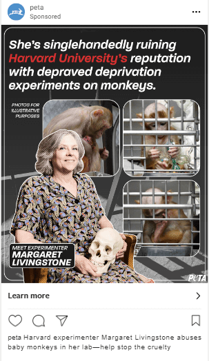 https://headlines.peta.org/wp-content/uploads/2022/12/margaret-livingstone-harvard-instagram-ad.png