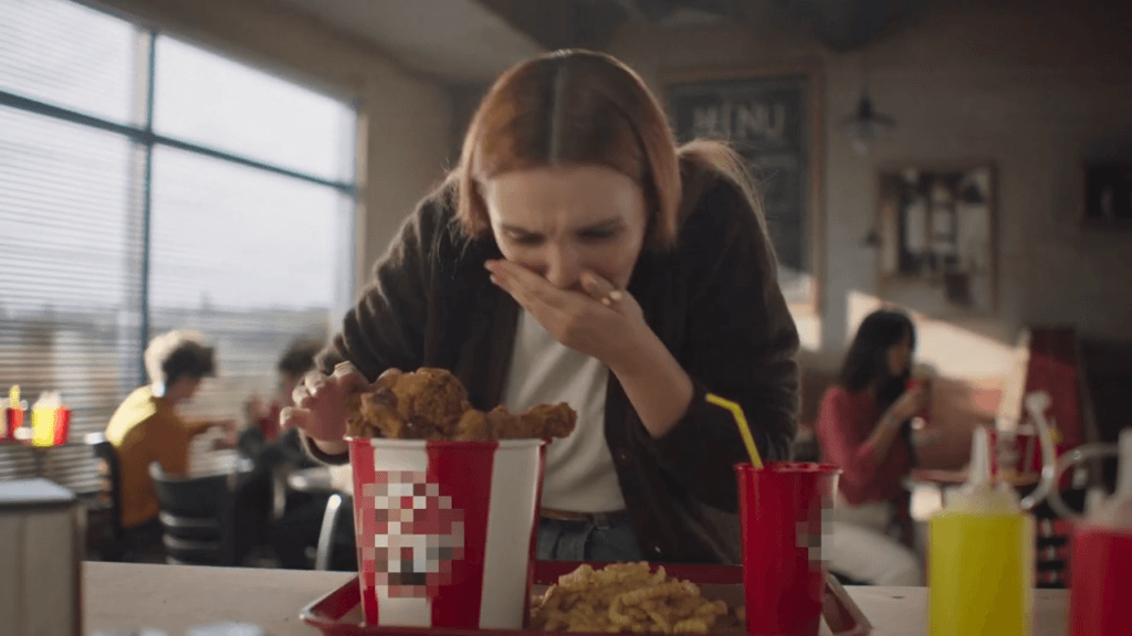 woman spitting out chicken in never go vegan ad Watch Now: Hilarious ‘I’ll Never Go Vegan’ Ad