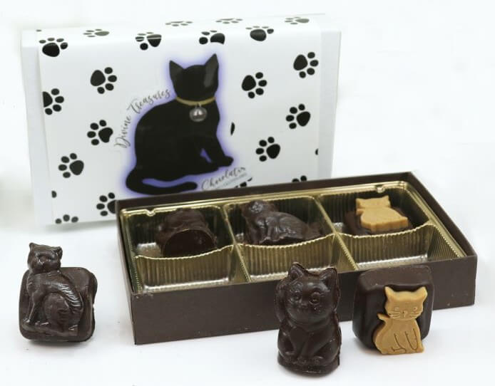 A box of vegan cat-shaped chocolates