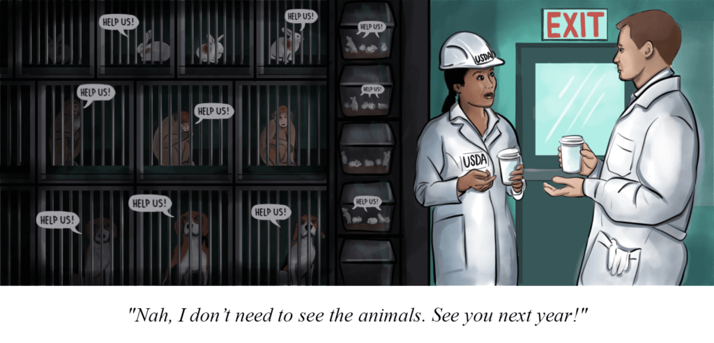 Illustration showing two vivisectors standing in front of cages with multiple animals. Caption reads "Nah, I don't need to see the animals. See you next year!"
