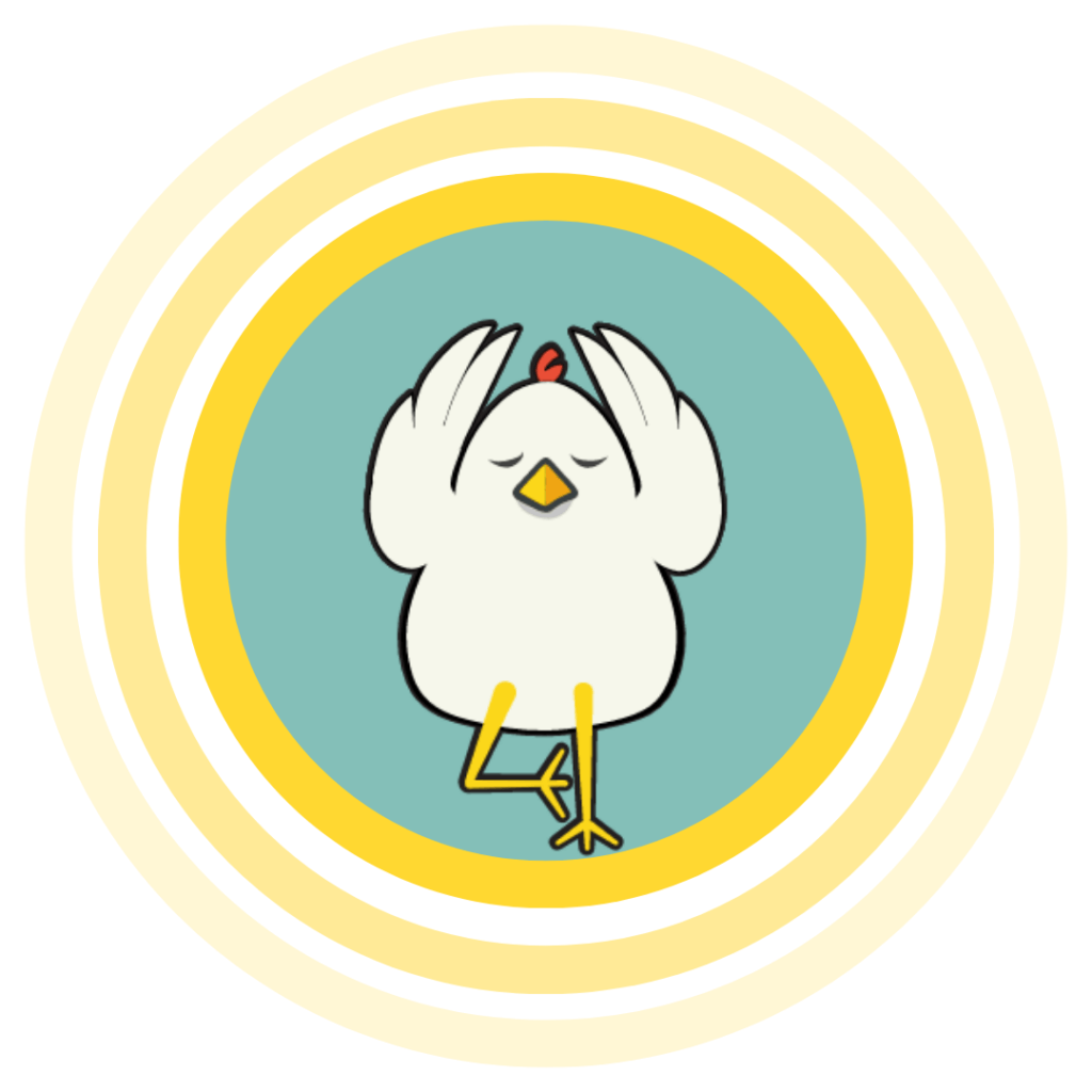 A cartoon chicken meditating
