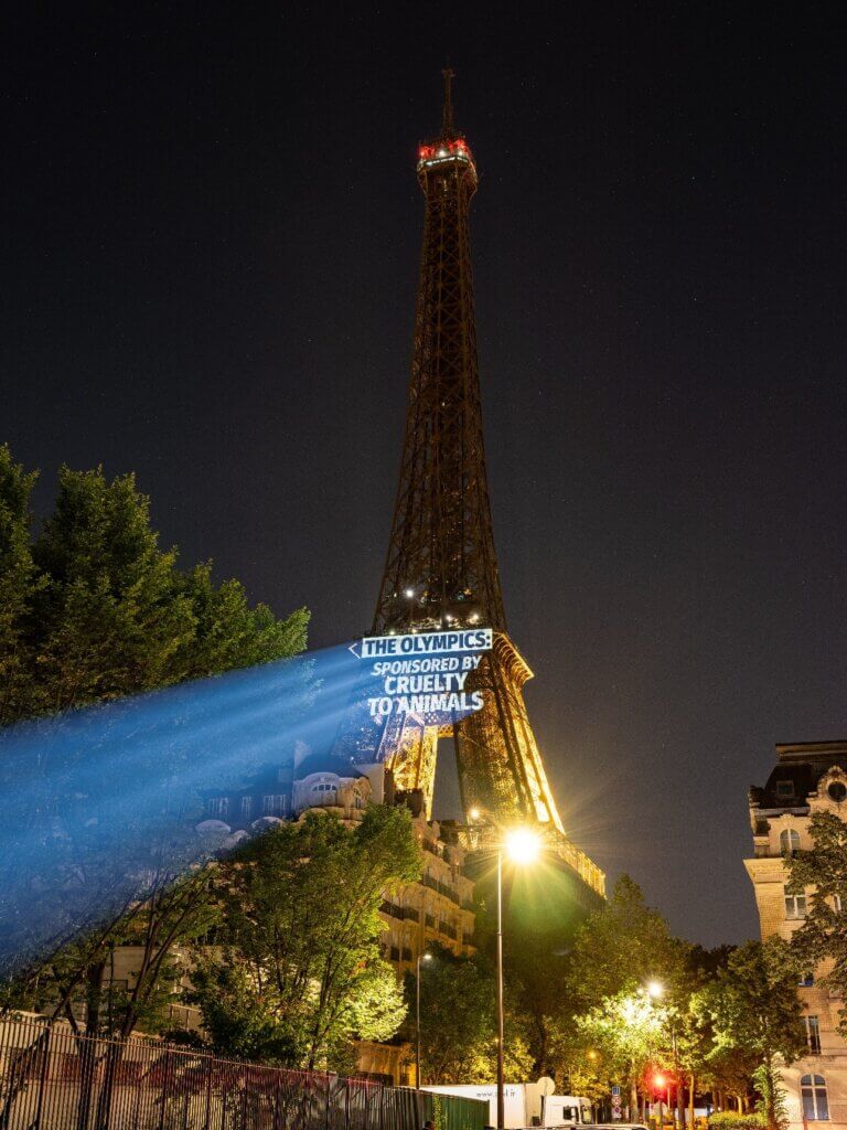 projection on the Paris eiffel tower that says "The Olympics: Sponsored by Cruelty to Animals" as part of PETA's summer olympics campaign against LVMH