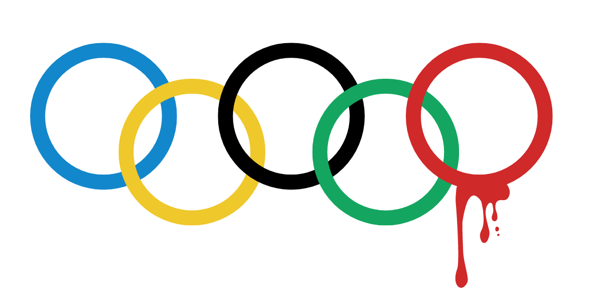 olympic rings with blood dripping from red ring