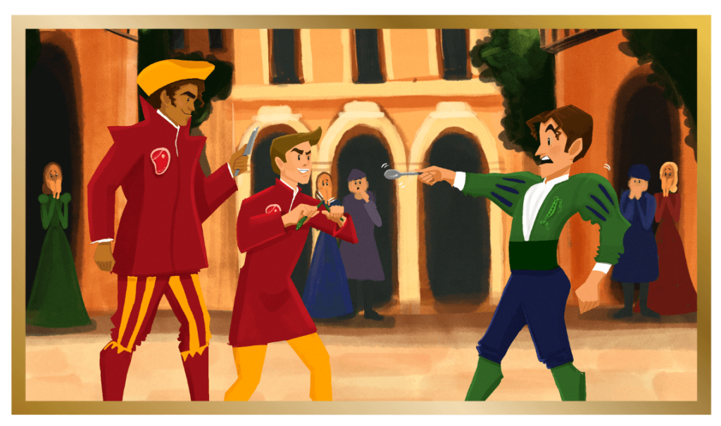 An illustration of the brawl scene from Romeo and Juliet.