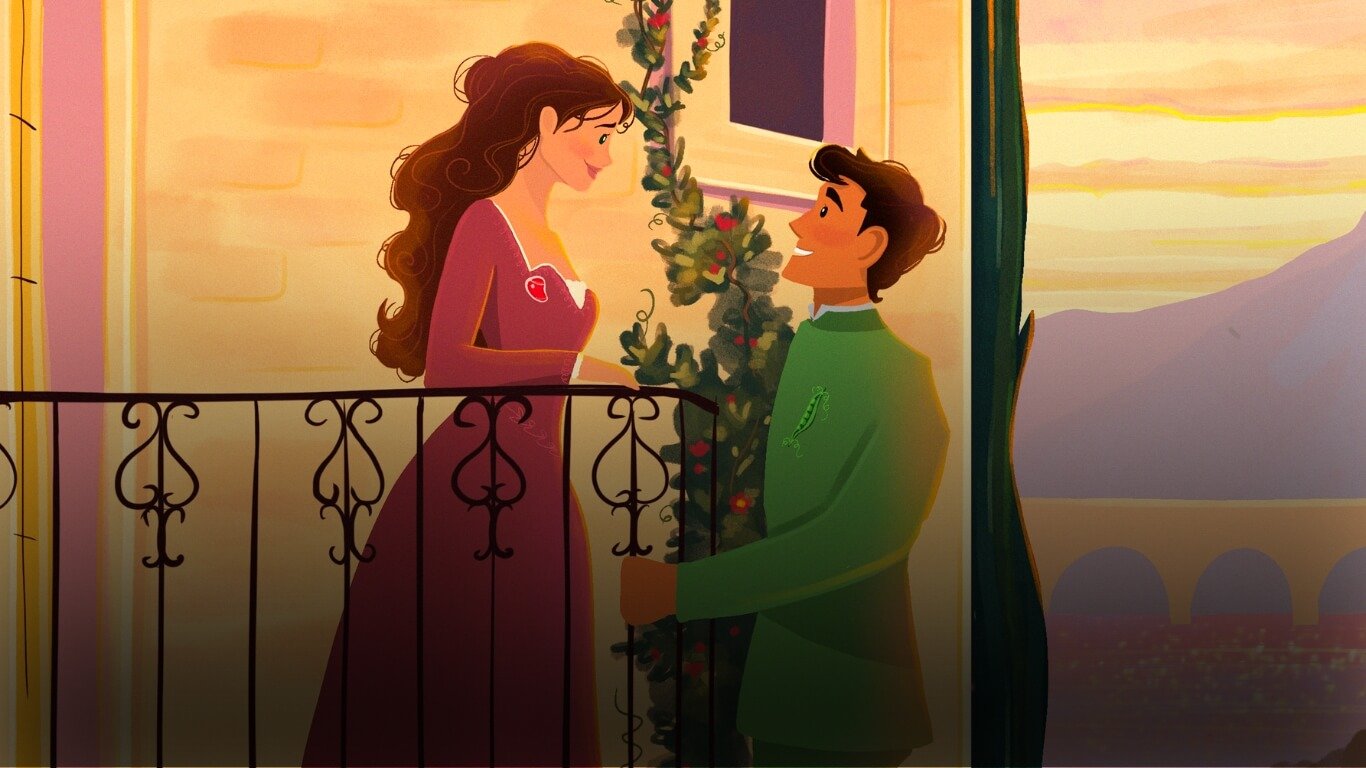 A famous illustration of Romeo and Juliet's balcony scene.