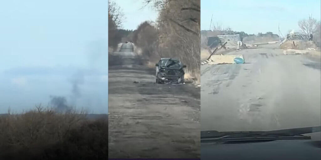 Three photos showing damage on a roadway