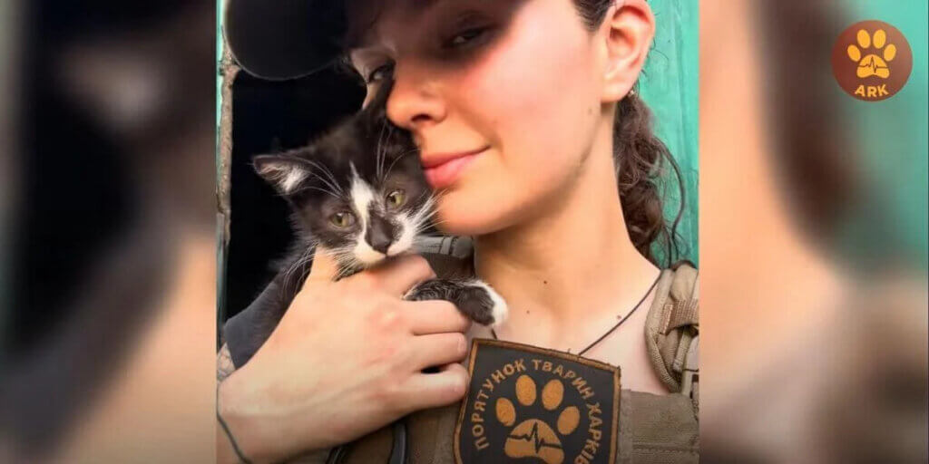 a woman holding a kitten in ukraine