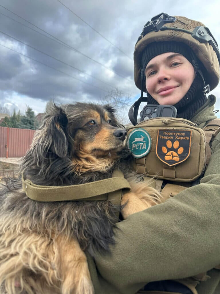 Rescuer holding a dog